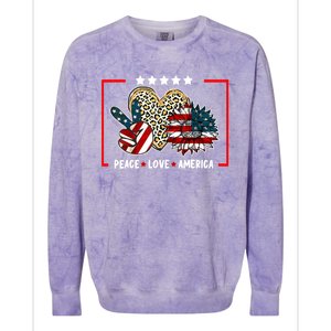 Peace Love America Sunflower Heart Leopard 4th Of July Gift Colorblast Crewneck Sweatshirt