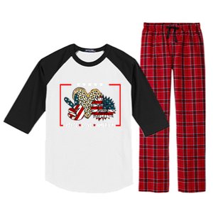 Peace Love America Sunflower Heart Leopard 4th Of July Gift Raglan Sleeve Pajama Set