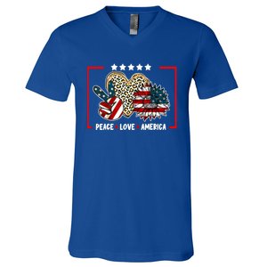 Peace Love America Sunflower Heart Leopard 4th Of July Gift V-Neck T-Shirt