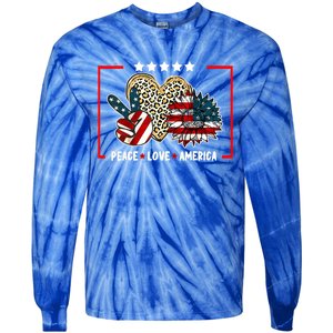 Peace Love America Sunflower Heart Leopard 4th Of July Gift Tie-Dye Long Sleeve Shirt