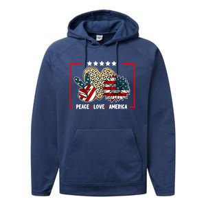 Peace Love America Sunflower Heart Leopard 4th Of July Gift Performance Fleece Hoodie