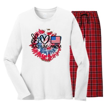 Peace Love America Tie Dye 4th Of July Patriotic For Girl Women's Long Sleeve Flannel Pajama Set 