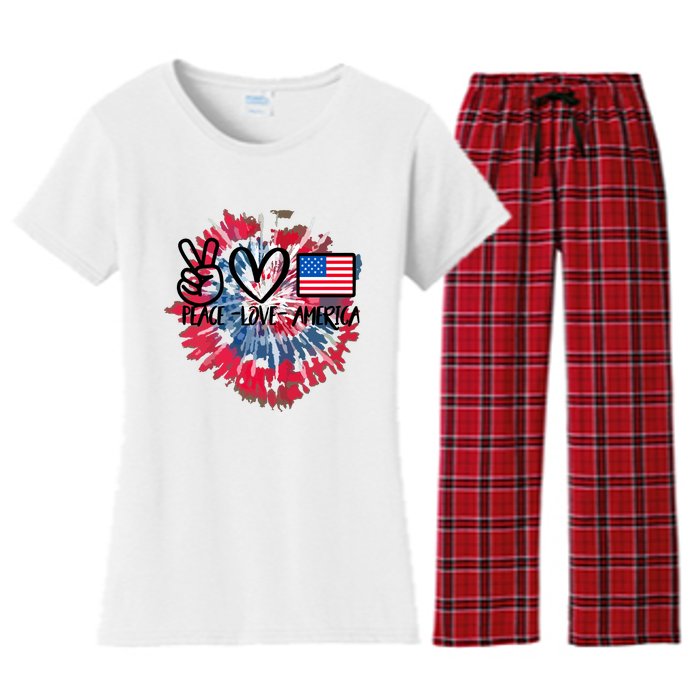 Peace Love America Tie Dye 4th Of July Patriotic For Girl Women's Flannel Pajama Set