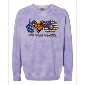 Peace Love America Sunflower Hippie 4th Of July Patriotic Gift Colorblast Crewneck Sweatshirt