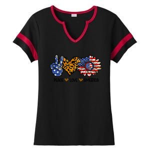 Peace Love America Sunflower Hippie 4th Of July Patriotic Gift Ladies Halftime Notch Neck Tee