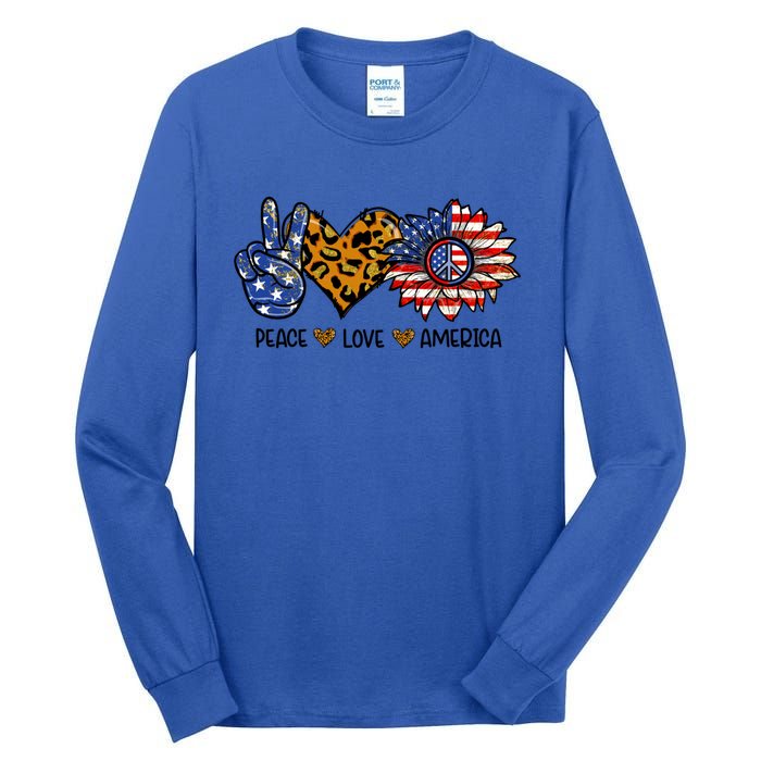 Peace Love America Sunflower Hippie 4th Of July Patriotic Gift Tall Long Sleeve T-Shirt