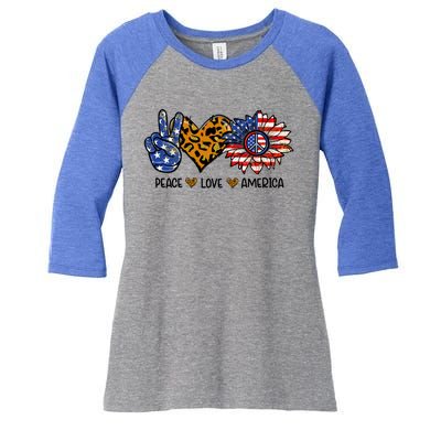 Peace Love America Sunflower Hippie 4th Of July Patriotic Gift Women's Tri-Blend 3/4-Sleeve Raglan Shirt