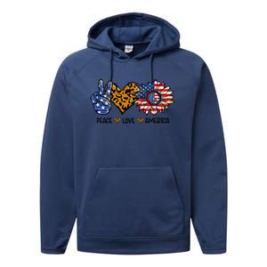 Peace Love America Sunflower Hippie 4th Of July Patriotic Gift Performance Fleece Hoodie