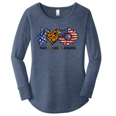 Peace Love America Sunflower Hippie 4th Of July Patriotic Gift Women's Perfect Tri Tunic Long Sleeve Shirt