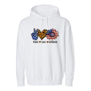 Peace Love America Sunflower Hippie 4th Of July Patriotic Gift Garment-Dyed Fleece Hoodie