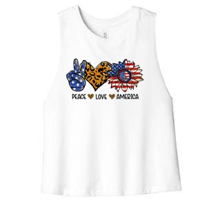 Peace Love America Sunflower Hippie 4th Of July Patriotic Gift Women's Racerback Cropped Tank