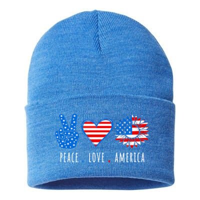 Peace Love America Sunflower Fourth Of July Patriotic Gift Sustainable Knit Beanie