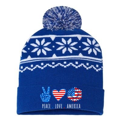 Peace Love America Sunflower Fourth Of July Patriotic Gift USA-Made Snowflake Beanie