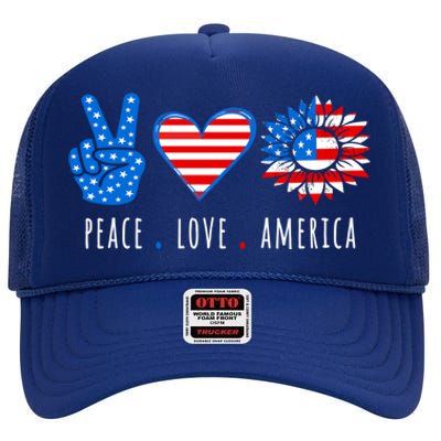 Peace Love America Sunflower Fourth Of July Patriotic Gift High Crown Mesh Back Trucker Hat