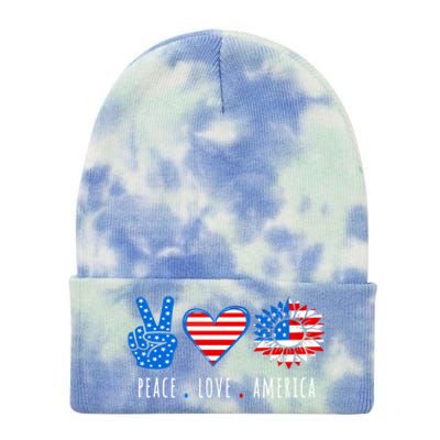 Peace Love America Sunflower Fourth Of July Patriotic Gift Tie Dye 12in Knit Beanie