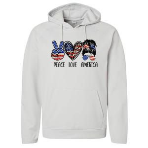 Peace Love America Messy Bun American Flag Funny 4th Of July Performance Fleece Hoodie