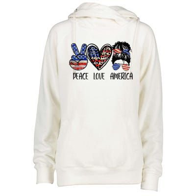 Peace Love America Messy Bun American Flag Funny 4th Of July Womens Funnel Neck Pullover Hood