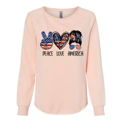 Peace Love America Messy Bun American Flag Funny 4th Of July Womens California Wash Sweatshirt