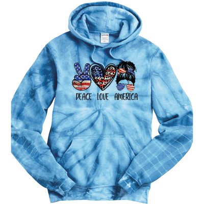 Peace Love America Messy Bun American Flag Funny 4th Of July Tie Dye Hoodie