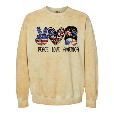 Peace Love America Messy Bun American Flag Funny 4th Of July Colorblast Crewneck Sweatshirt