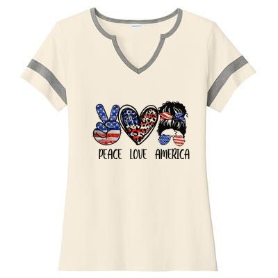 Peace Love America Messy Bun American Flag Funny 4th Of July Ladies Halftime Notch Neck Tee