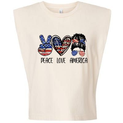 Peace Love America Messy Bun American Flag Funny 4th Of July Garment-Dyed Women's Muscle Tee