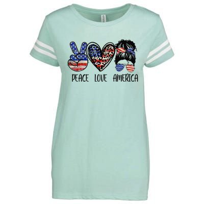 Peace Love America Messy Bun American Flag Funny 4th Of July Enza Ladies Jersey Football T-Shirt