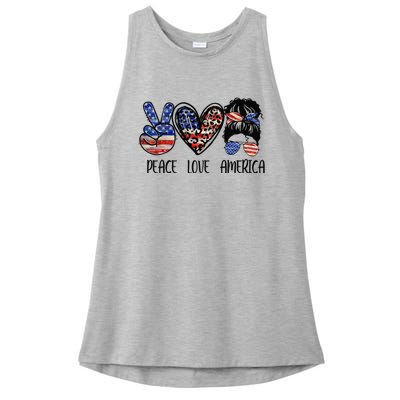 Peace Love America Messy Bun American Flag Funny 4th Of July Ladies PosiCharge Tri-Blend Wicking Tank