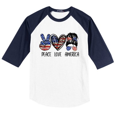 Peace Love America Messy Bun American Flag Funny 4th Of July Baseball Sleeve Shirt