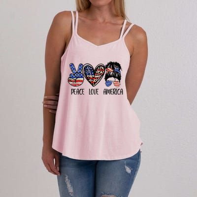 Peace Love America Messy Bun American Flag Funny 4th Of July Women's Strappy Tank