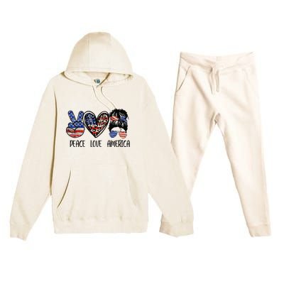 Peace Love America Messy Bun American Flag Funny 4th Of July Premium Hooded Sweatsuit Set