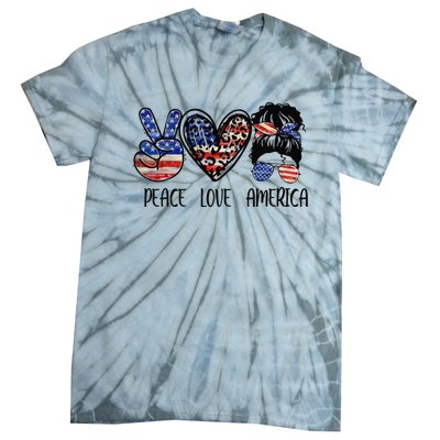 Peace Love America Messy Bun American Flag Funny 4th Of July Tie-Dye T-Shirt