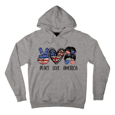 Peace Love America Messy Bun American Flag Funny 4th Of July Tall Hoodie