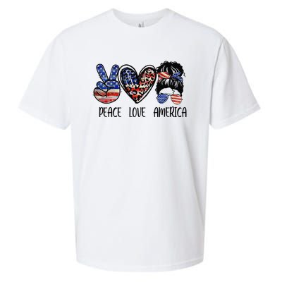 Peace Love America Messy Bun American Flag Funny 4th Of July Sueded Cloud Jersey T-Shirt