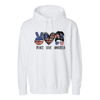 Peace Love America Messy Bun American Flag Funny 4th Of July Garment-Dyed Fleece Hoodie