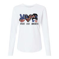 Peace Love America Messy Bun American Flag Funny 4th Of July Womens Cotton Relaxed Long Sleeve T-Shirt