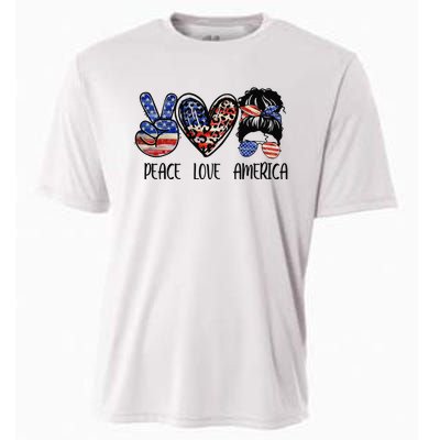 Peace Love America Messy Bun American Flag Funny 4th Of July Cooling Performance Crew T-Shirt