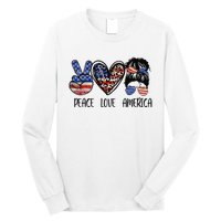 Peace Love America Messy Bun American Flag Funny 4th Of July Long Sleeve Shirt