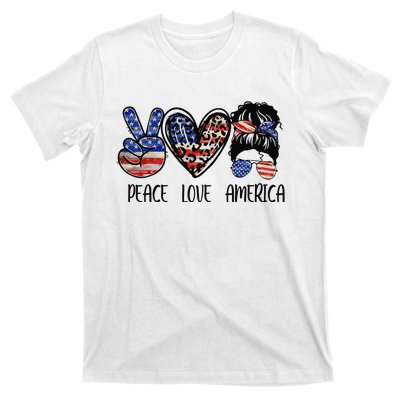 Peace Love America Messy Bun American Flag Funny 4th Of July T-Shirt