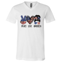 Peace Love America Messy Bun American Flag Funny 4th Of July V-Neck T-Shirt