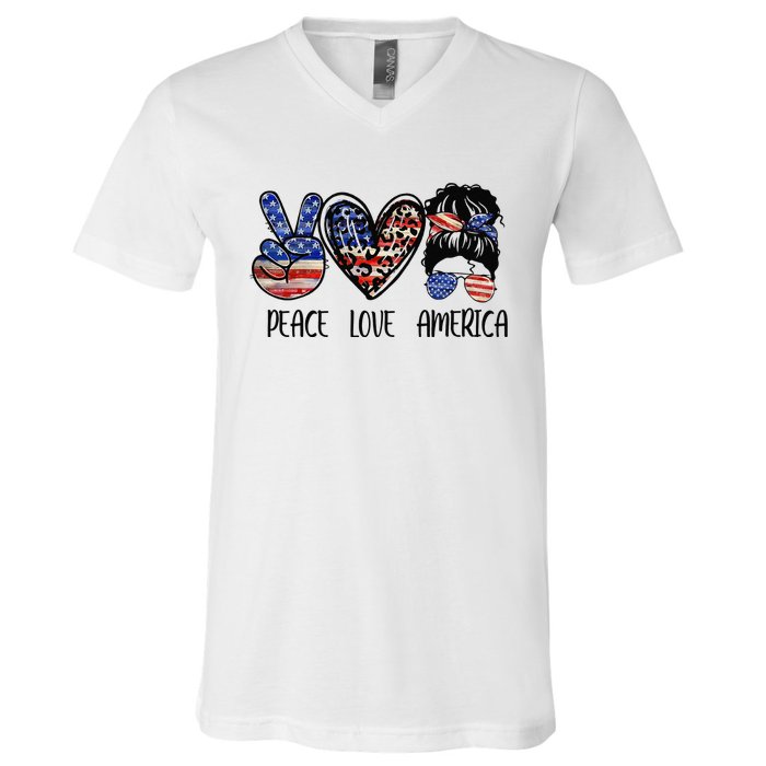 Peace Love America Messy Bun American Flag Funny 4th Of July V-Neck T-Shirt