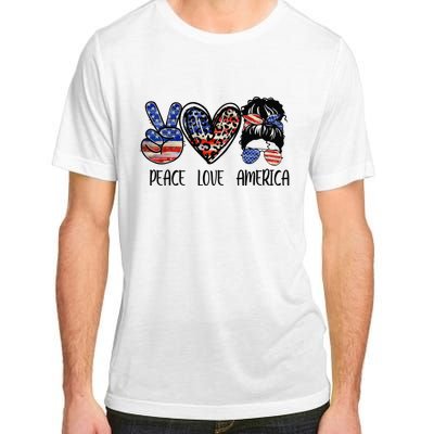 Peace Love America Messy Bun American Flag Funny 4th Of July Adult ChromaSoft Performance T-Shirt