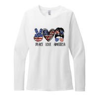 Peace Love America Messy Bun American Flag Funny 4th Of July Womens CVC Long Sleeve Shirt