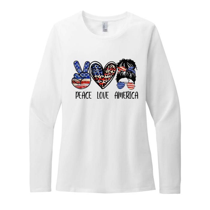 Peace Love America Messy Bun American Flag Funny 4th Of July Womens CVC Long Sleeve Shirt