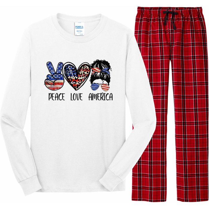 Peace Love America Messy Bun American Flag Funny 4th Of July Long Sleeve Pajama Set