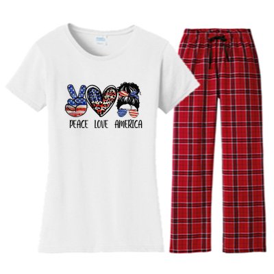 Peace Love America Messy Bun American Flag Funny 4th Of July Women's Flannel Pajama Set