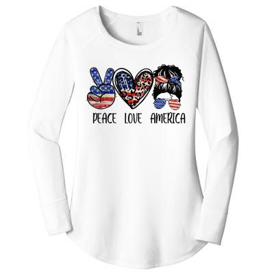 Peace Love America Messy Bun American Flag Funny 4th Of July Women's Perfect Tri Tunic Long Sleeve Shirt