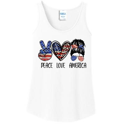 Peace Love America Messy Bun American Flag Funny 4th Of July Ladies Essential Tank