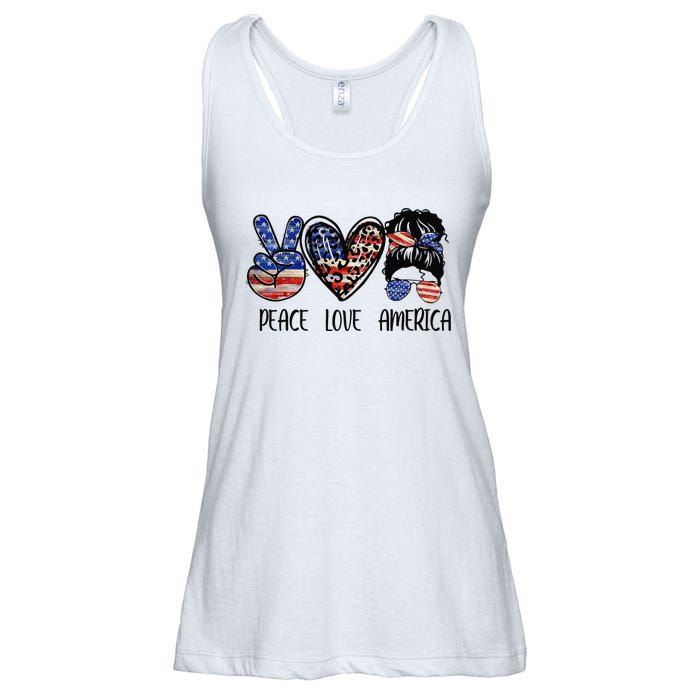 Peace Love America Messy Bun American Flag Funny 4th Of July Ladies Essential Flowy Tank