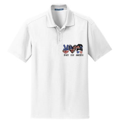 Peace Love America Messy Bun American Flag Funny 4th Of July Dry Zone Grid Polo